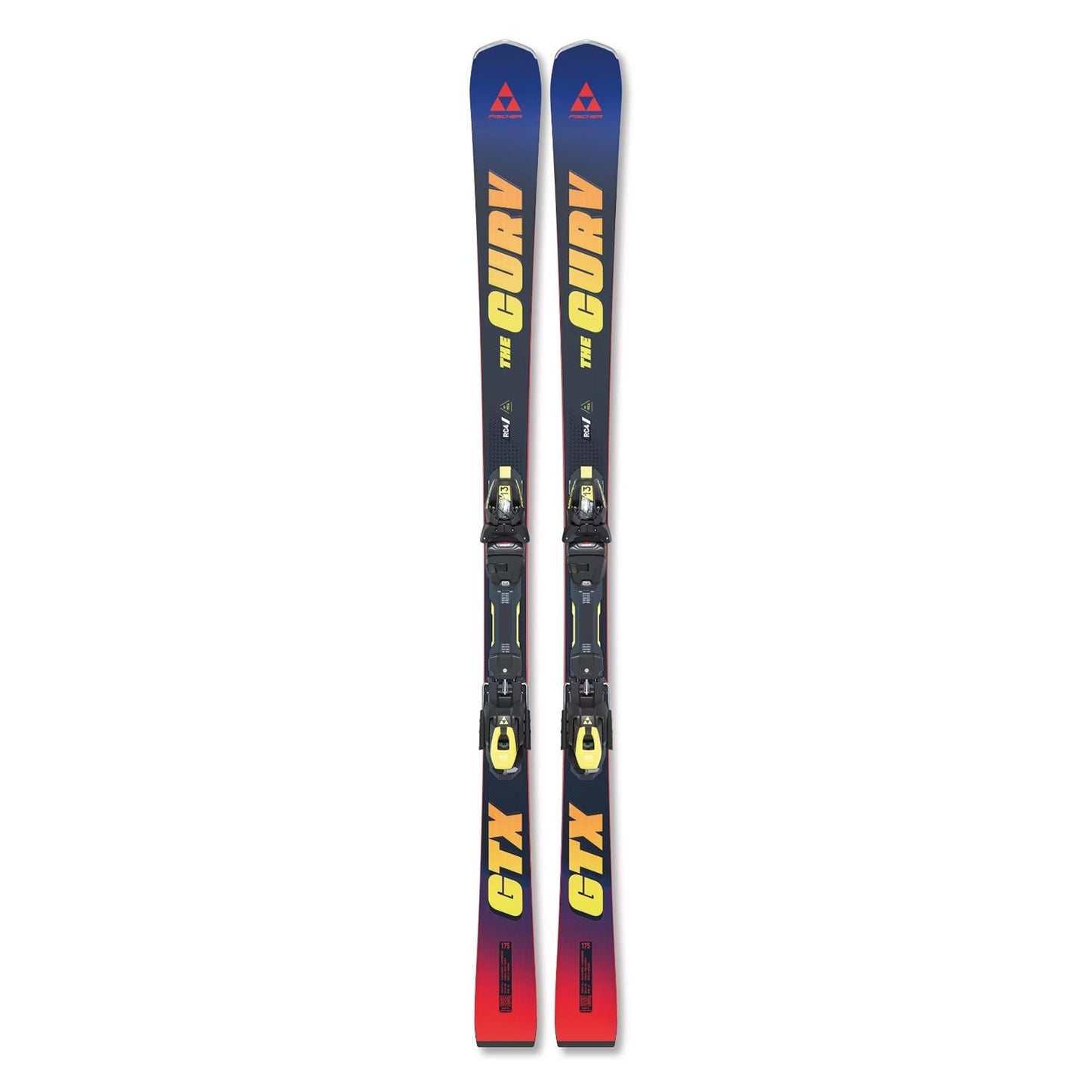 gebrauchter Ski von Fischer in Schwarz mit gelber Schrift blauen Spitzen und roten Hacken